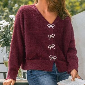 Pearl Bow Button Wine Cardigan